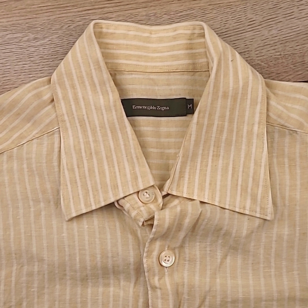 ERMENEGILDO ZEGNA Italy Beige Tan Striped LINEN M Mens Short Sleeve Casual Shirt